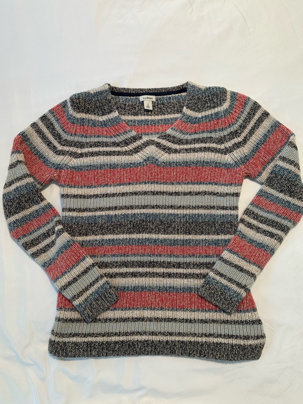 L.L. Bean Women's Striped V-Neck Sweater in Gray, Pink, Blue